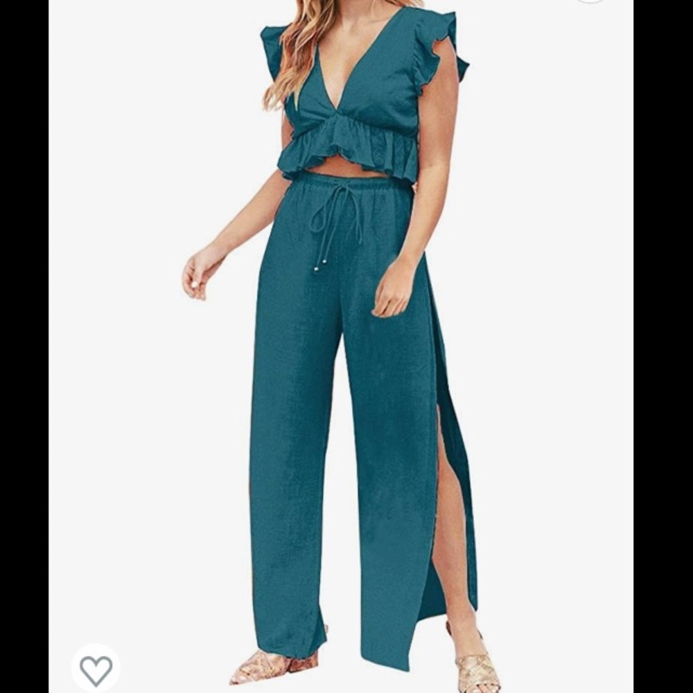 Womens 2 Piece Deep V Neck Crop Top Side Slit Drawstring Wide Leg Pants Set L